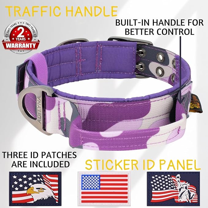 ADITYNA Heavy Duty Dog Collar for Medium Dogs - Camo Purple Collar with Handle for Training, and Walking - Wide, Thick, Tactical, Soft Neoprene Padded