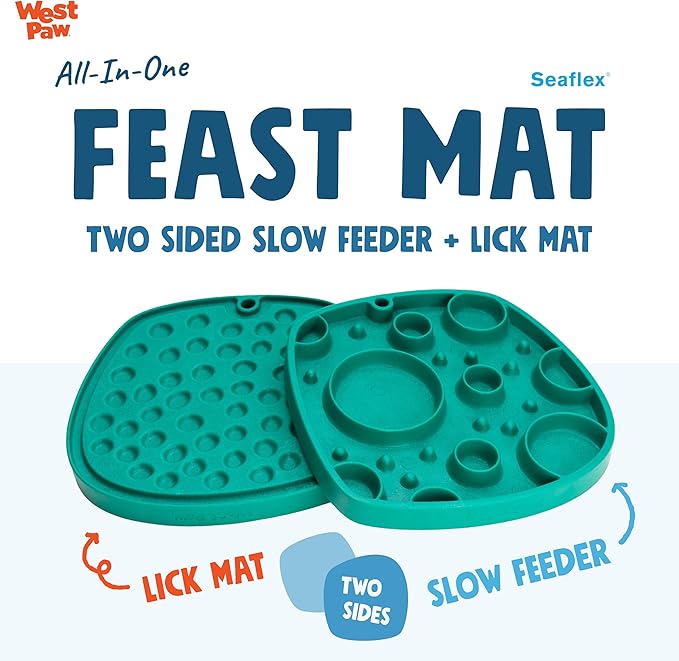 West Paw Seaflex Bubbles Feast Mat – All-in-One, Slow Feeder, Lick Mat – Encourages Foraging & Food Exploration - Engages Picky Eaters & Slow Feeding - Versatile – Easy to Clean, Non-Toxic - Kelp
