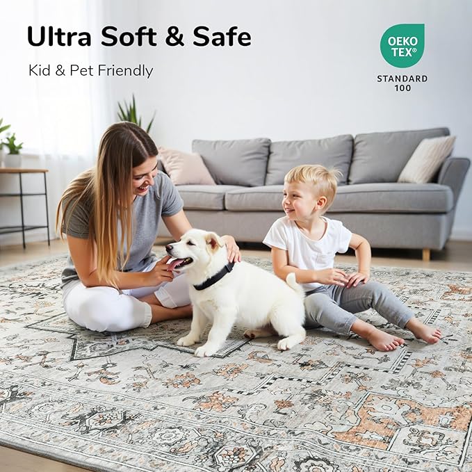 Lessymo 9×12 Area Rugs Washable for Living Room, Large Soft Indoor Rug Non-Slip for Bedroom Kitchen Dining Room Dorm Nursery, Vintage Boho Carpet Stain Resistant for Office Home Decor, Grey/Brown