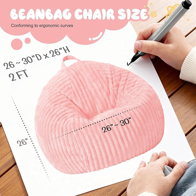 Homguava 2Pcs of 2FT Bean Bag Chair, 2' Small Bean Bags with Memory Foam Filled, Beanbag Chairs with Machine Washable Cover Dutch Corded Plush Cover for Classroom,Living Room,Bedroom-Soft Pink