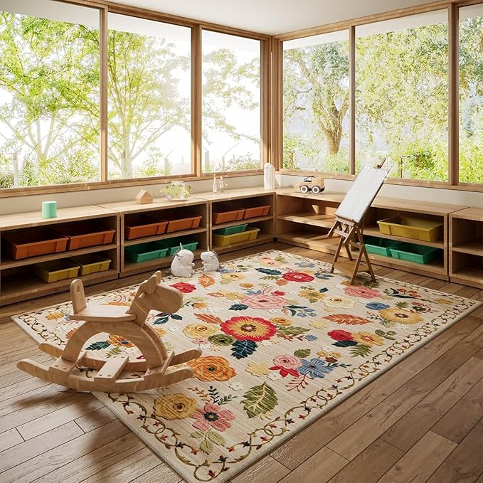 10x12 Area Rug Washable Rugs: Large Living Room Rug Stain Resistant Non Slip Distressed Vintage Floral Rug Low Pile Faux Wool Soft Rugs for Bedroom Bedside Farmhouse Dining Room Kids Playroom Nursery