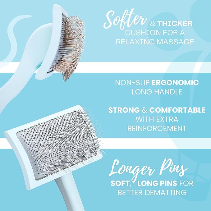 Pet Slicker Brush With Soft Massage Grooming Stainless Steel Pins - For Dematting, Shedding Fur, and Undercoat - Ideal Gift for Professional Pet Groomers - Long Slicker Brush (Blue, Curved Medium)