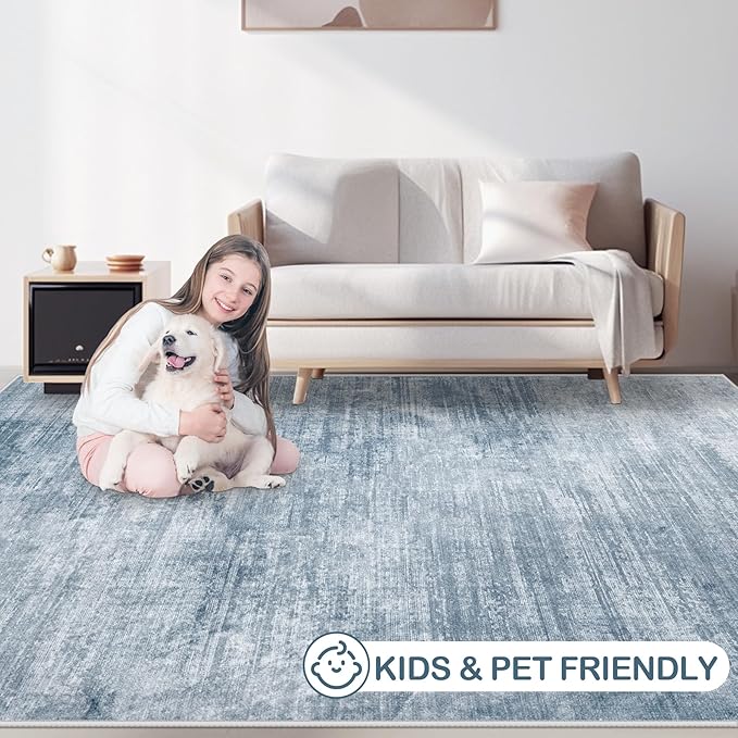 Area Rugs 9x12 Living Room: Washable Rug Modern Abstract Large Rugs Soft Non Slip Neutral Rug Stain Resistant Indoor Carpet for Bedroom Kitchen Dining Room Table Nursery Home Office Rugs(Blue,9'x12')