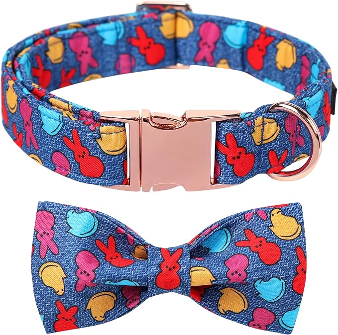 Maca Bates Easter Day Rabbit Dog Collar with Fancy Bow Tie for Large Girl Boy Dogs, Blue Bunny Chick Pattern,Adjustable Durable Soft Breakaway Collars for Male Female Puppy