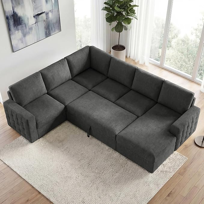 HONBAY Sectional Sleeper Sofa with Pull-Out Bed Storage Chaise,Modular Couch for Living Room, Middle Grey