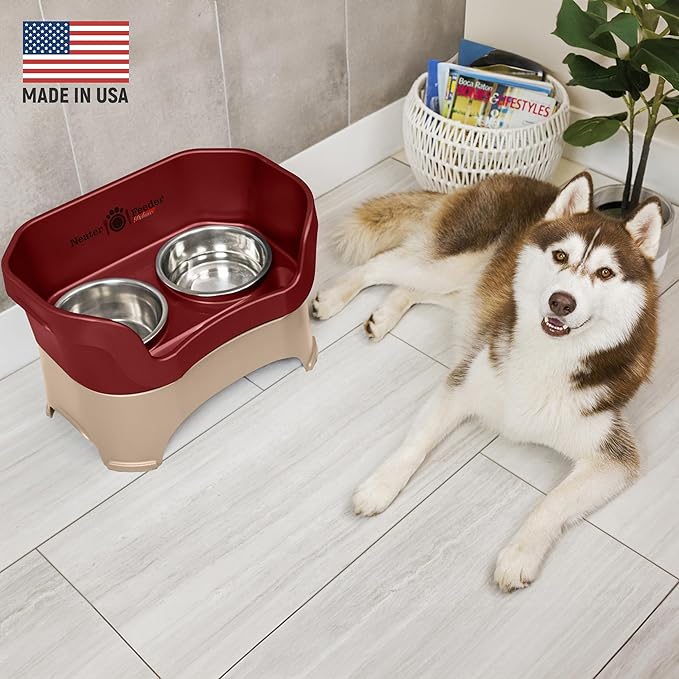 Neater Pet Brands Neater Feeder Deluxe Mess Proof Dog Bowls Elevated for Large Dogs Over 40 lbs, Made in USA, No Spill Raised Dog Food Bowl Stand Feeding Station, Food and Water Bowl Set, Cranberry