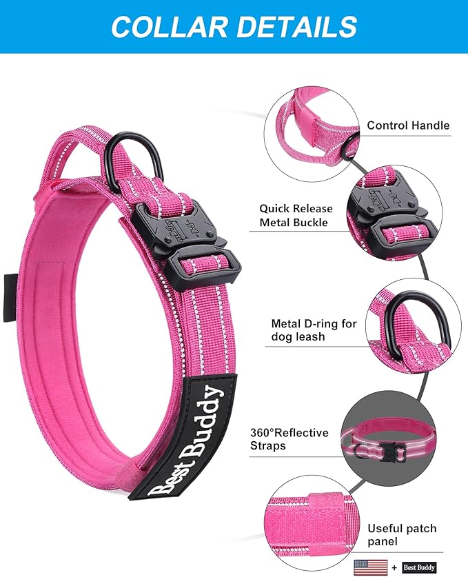 AUBELL Tactical Dog Collar and Leash Set, Reflective Adjustable Heavy Duty Military K9 Collars with Handle and Metal Buckle for Large Dogs, with Airtag Case and 2 Patches(Pink,L)