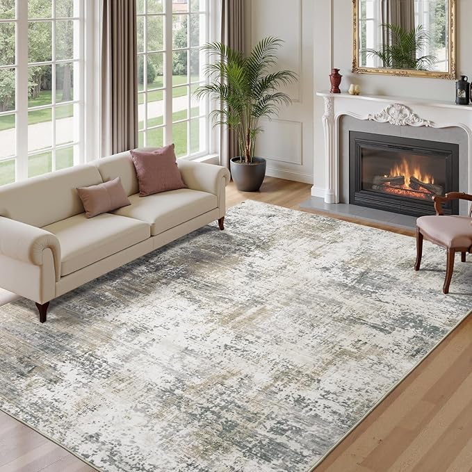 8x10 Area Rugs for Living Room, Abstract Neutral Large Washable Rug, Modern Soft Non-Slip Floor Carpet for Bedroom Dining Room Home Decor, Brown Tan