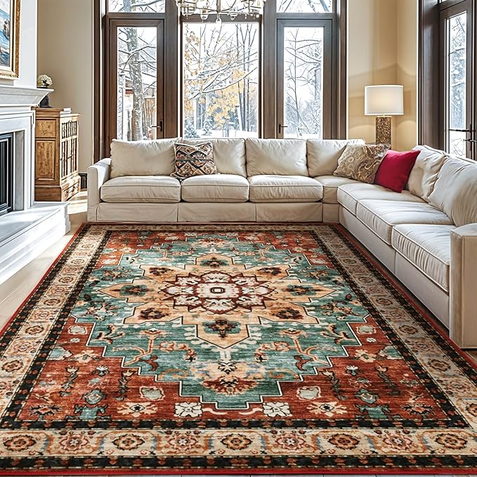 LBRO2M Boho Area Rug 8X10 Washable Rugs for Bedroom Low Piles Indoor Carpet, Non Slip Soft Rug for Living Room, Dining Room, Red Rug Foldable Pet Friendly Area Rugs Stain Resistant (8'X10' Red)