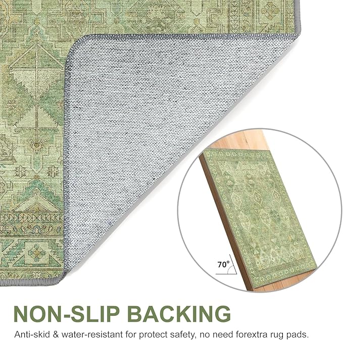 Bavni Washable Rug 6x9 Area Rug for Living Room Bedroom Dining, Washable Vintage Print Carpet, Ultra-Thin Chenille Low Pile Lightweight Rug with Non Slip Backing, Light Green