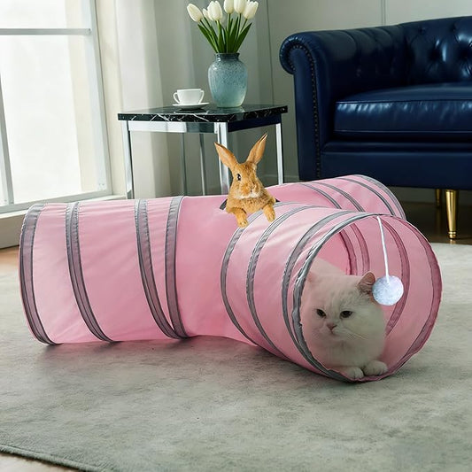 Cat Tunnel Tube Toy Collapsible 3 Way Pink Grey, Pet Tunnels for Indoor Cats, Play Tubes with Hanging Ball Perfect for Kitten, Puppy, Rabbit, Interactive Toys for Fun Playtime & Exercise