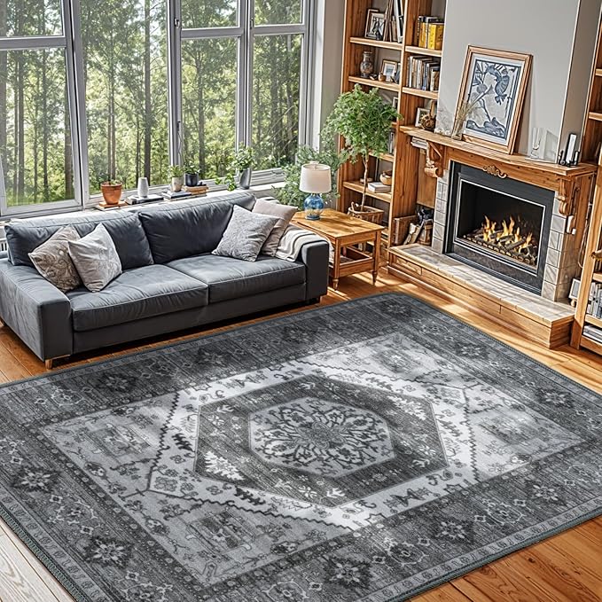 LBRO2M Boho Area Rug 9X12 Washable Rugs for Bedroom Low Piles Indoor Carpet, Non Slip Soft Rugs for Living Room, Dining Room, Dark Gray Rug Foldable Pet Friendly Area Rugs (9'X12' Dark Gray)