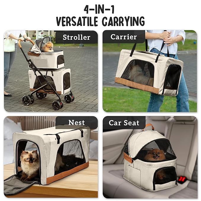 Double Pet Stroller with Detachable Carriers - Ideal for 2 Dogs or Cats - Compact & Convenient Design - Easy Assembly Double Dog Stroller - Cosmic Beige