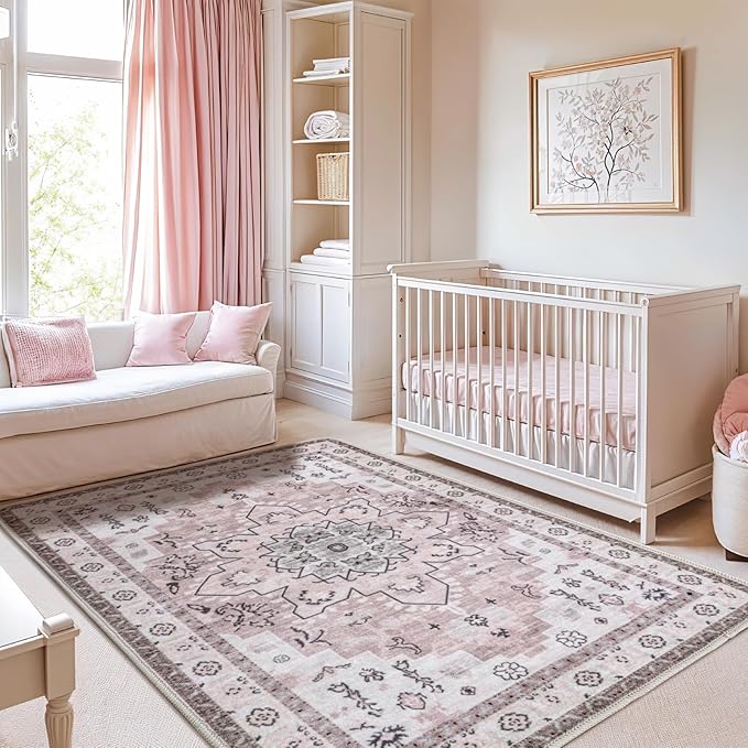LBRO2M Boho Area Rug 5X7 Washable Rugs for Bedroom Low Piles Indoor Rugs, Non Slip Soft Rug for Living Room, Dining Room, Pink Rug Foldable Pet Friendly Area Rugs Stain Resistant (5'X7' Light Pink)