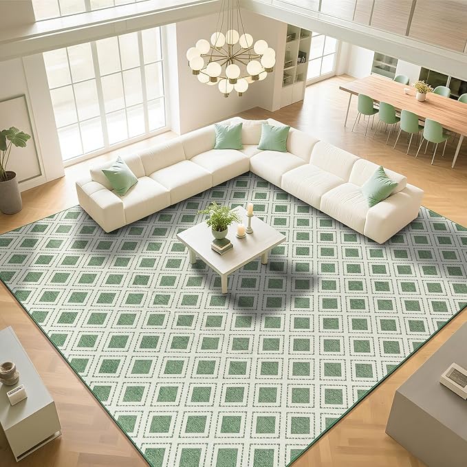 LBRO2M Checkered Rug 8X10 for Living Room Washable Rugs for Bedroom Office Non Slip Modern Area Rugs Easy Clean, Soft, Stain Resistant Carpet Low Piles Great for Pets and Family (8'X10' Green)