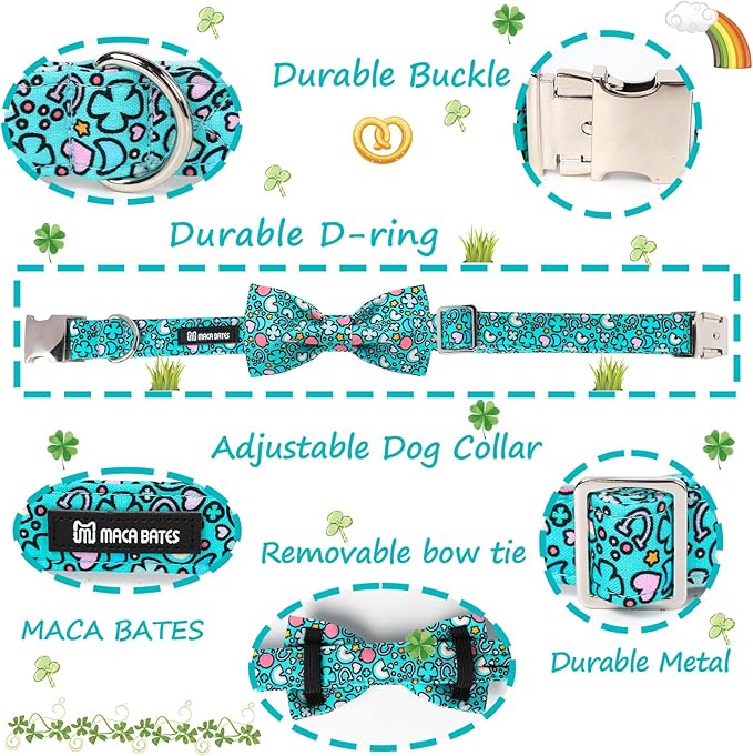 Maca Bates St. Patrick's Day Shamrock Dog Collar,Fancy Bow Tie,Large Girl Boy Dogs,Cute Rainbow,Four Leaf Clover Pattern,Adjustable Durable Soft Collars Irish Gift for Male Female Puppy