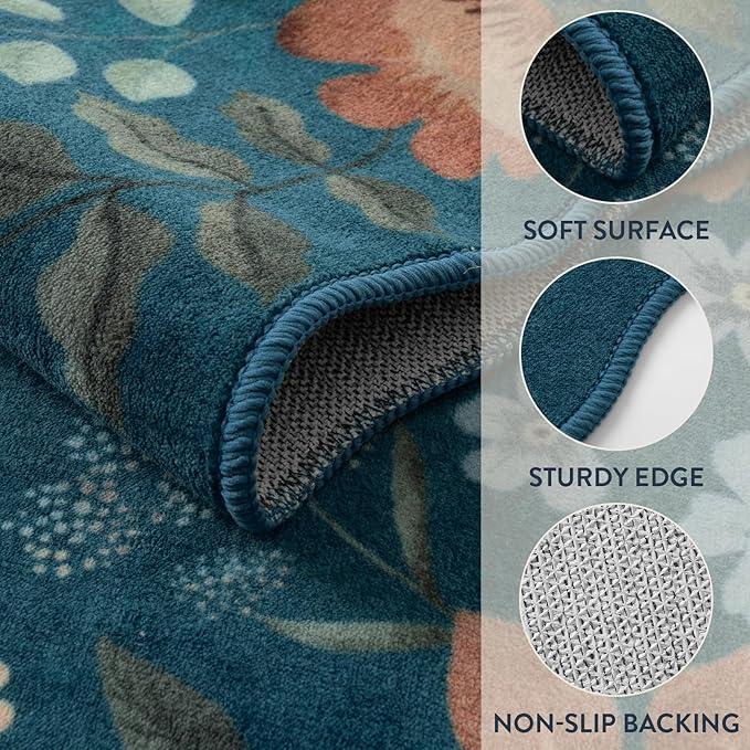 Lahome Floral Kitchen Runner Non-Slip, 2X6 Soft Washable Hallway Runner Rug, Ultra-Thin Stain Resistant Boho Laundry Room Rug Low-Pile Carpet for Bathroom Entryway Bedroom, Navy Blue