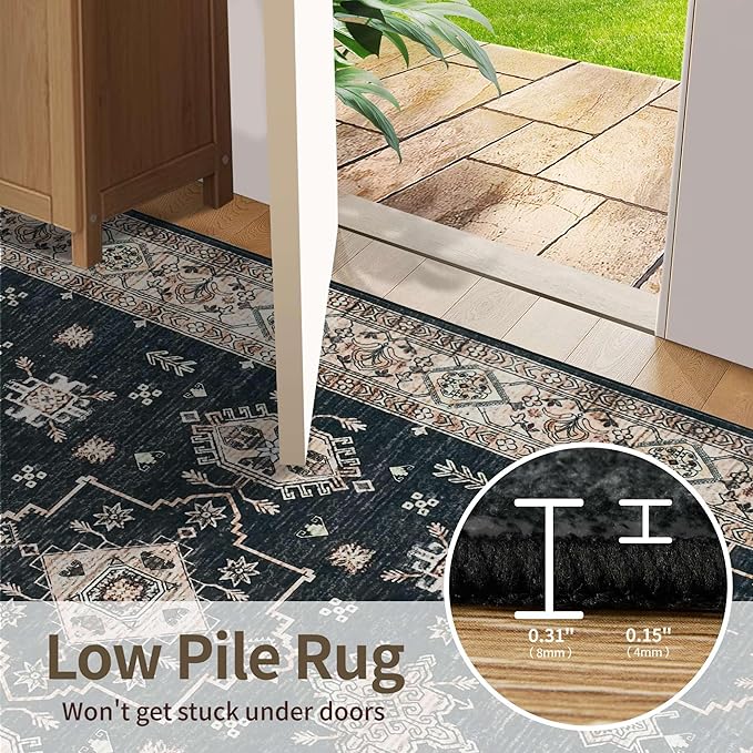 Area Rugs for Living Room Bedroom, Washable Rug, Black Vintage Floral Boho Rug, Non Slip & Low Pile Faux Wool Accent Carpet for Indoor Dining Room, Kids Room and Office(Black 4x6ft)