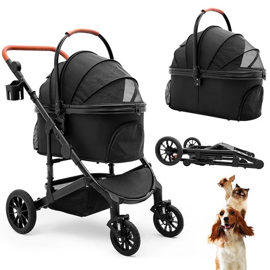 Pet Stroller for Medium Dogs, Smooth-Ride Dog Stroller with Detachable Carrier, Rubber Wheels, Car Seat Combo 3-in-1, Up to 50 lbs, for Senior Dogs & Cats, Black