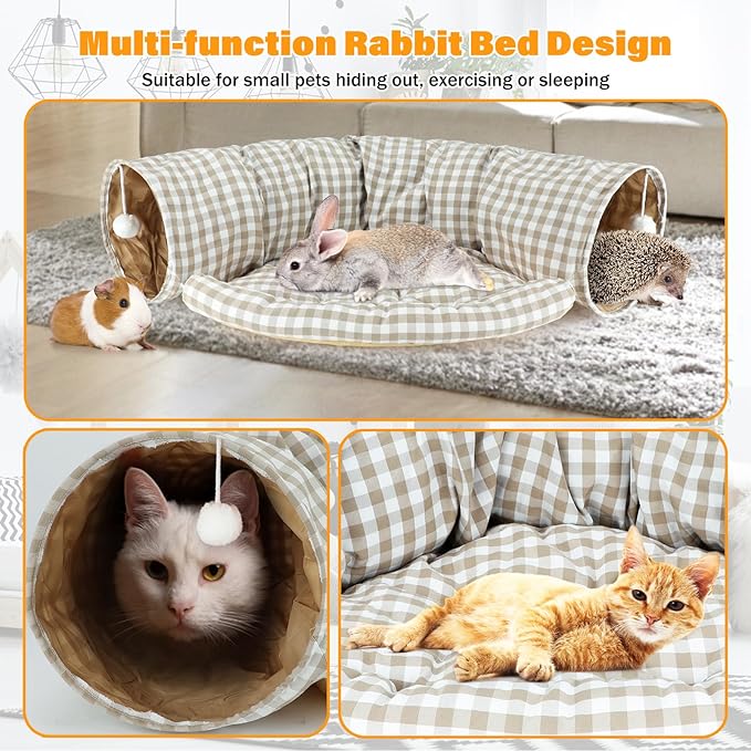 BWOGUE Bunny Tunnel Bed, 2-in-1 Collapsible Tunnel Tubes Toys with Removable Mat Hideout for Cats Kittens Rabbits Guinea Pigs Kitty