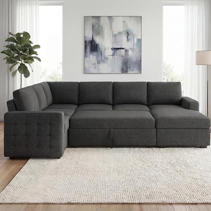 HONBAY Sectional Sleeper Sofa with Pull-Out Bed Storage Chaise,Modular Couch for Living Room, Dark Grey