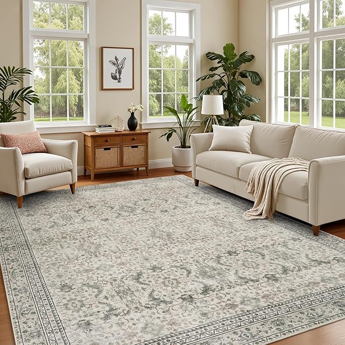 Washable Area Rugs 5x7 Floral Beige, Indoor Rug for Living Room Bedroom, Traditional Farmhouse Carpet for Dining Room, Cream White