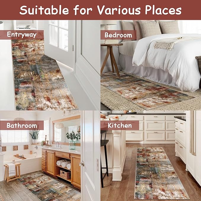 Lahome Washable Kitchen Runner Rug Non Skid, 2x7 Soft Bedroom Rug Runners for Hallways Non Slip, Soft Modern Abstract Floor Carpet Runner for Bathroom Entryway Stair Coffee Table Bar,Red/Multi