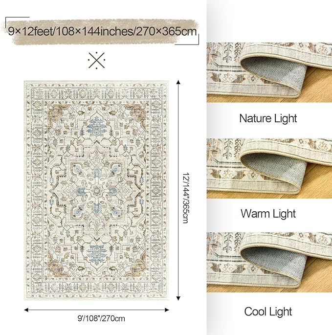 Area Rugs for Living Room - 9x12, Boho Non-Slip Low Pile Carpet Machine Washable Rugs for Bedroom Office, Dining Room (Beige)