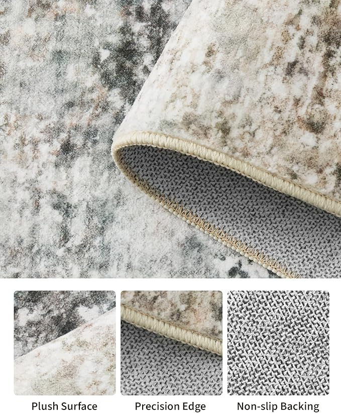 Art&Tuft Washable Rug, Anti-Slip Backing Abstract Area Rugs, Stain Resistant Rugs for Living Room, Foldable Machine Washable Area Rug(9'x12', Grey/Rust)
