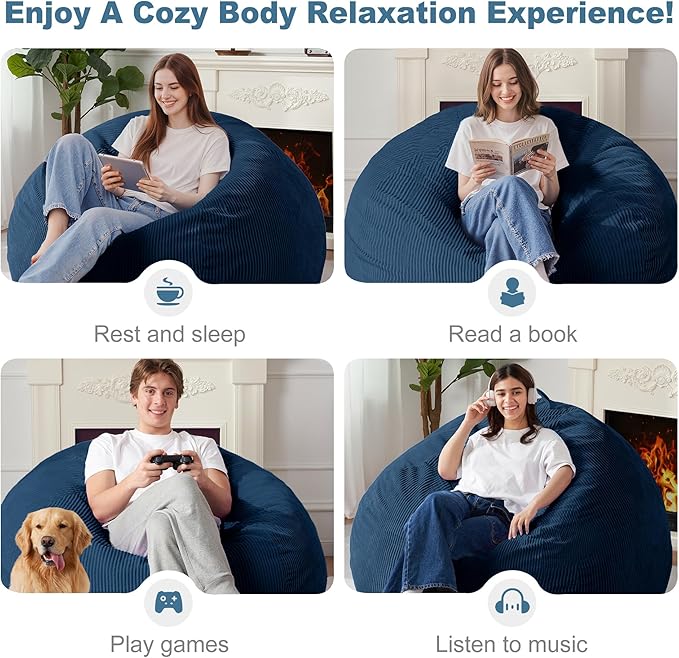 Homguava 5FT Bean Bag Chair for Adults,Teardrop Giant Bean Bags Big Beanbag Chair with Memory Foam Filled and Ultra Soft Removable Corduroy Cover for Living Room, Bedroom(Dark Blue)
