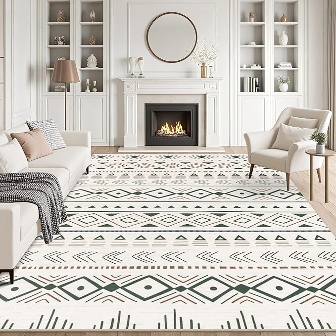 10x14 Area Rugs Living Room Rug: Washable Rug Neutral Lagre Soft Thin Carpet Indoor Floor Non Slip Boho Geometric Moroccan Carpets for Bedroom Dining Room Farmhouse Nursery Office - Brown Green