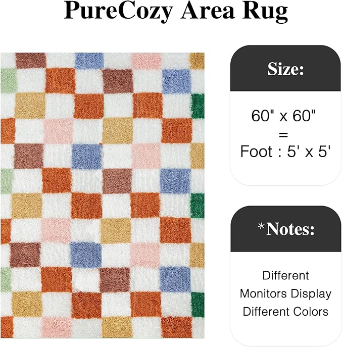 Checkered Rug 5x5 for Living Room, Modern Neutral Shag Rug Washable Non-Slip Large Area Rug Super Soft Indoor Fuzzy Carpet Fluffy Rugs for Bedroom Home Aesthetic Decor