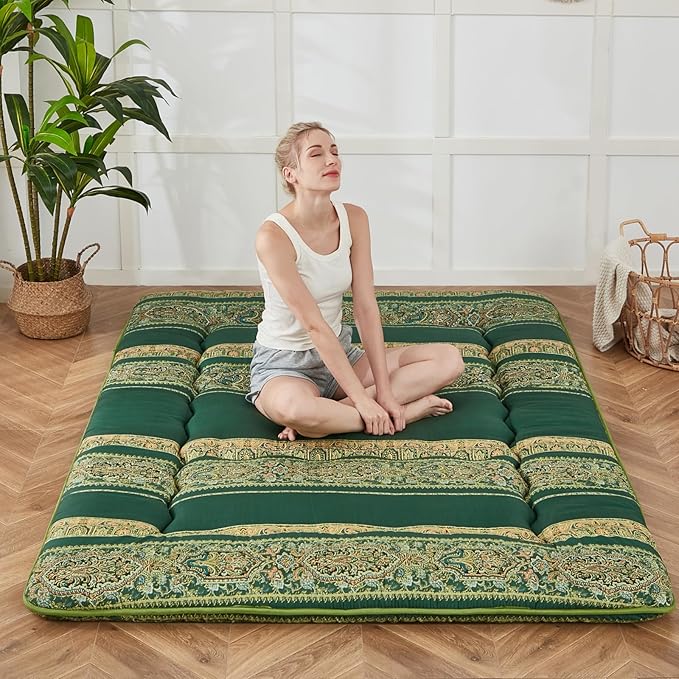 Japanese Floor Mattress, Futon Mattress with Portable Storage Bag and Washable Cover, Roll Up Thick Tatami Mat Suitable for Camping, Guest Room (Bohemian Green, Queen)