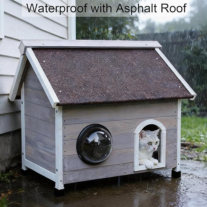 Rockever Outdoor Cat House, Waterproof Feral Cat House for Outdoor Cats with Escape Door and Clear Windows for 2 Cats (Grey)