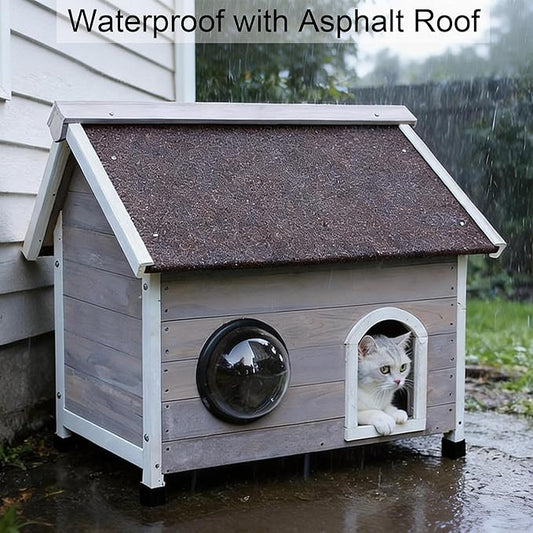 Rockever Outdoor Cat House, Waterproof Feral Cat House for Outdoor Cats with Escape Door and Clear Windows for 2 Cats (Grey)