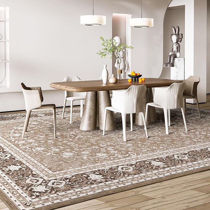 Lessymo 6 x 9 Area Rugs for Living Room, Machine Washable Area Rugs Boho Faux Wool Low Pile Area Rug for Bedroom, Floral Medallion Vintage Rugs with Non-Slip Rubber, Kid & Pet Friendly,Brown White