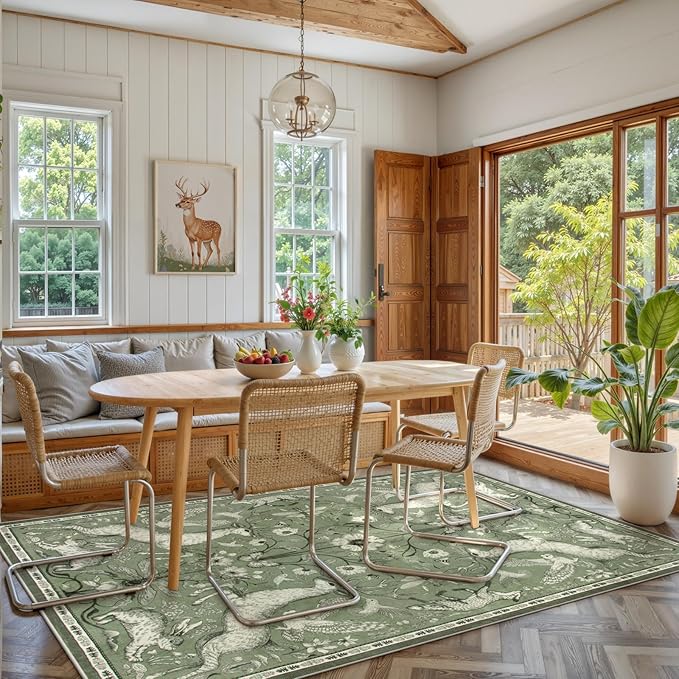 Lahome Boho Animal 5x7 Washable Living Room Area Rugs, Green Soft Rugs for Bedroom, Botanical Large Boho Non Slip Dining Room Carpet for Under Table Entryway Kitchen Office (5x7ft,Green)