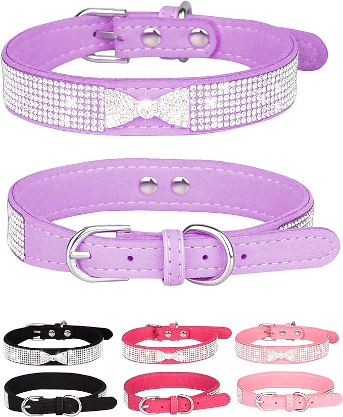 Dog Collar for Small Dogs, Adjustable Leather Suede Bling Dog Collars，Pink Dog Collar Cat Collar, Rhinestone Dog Collar (XS, purple4)