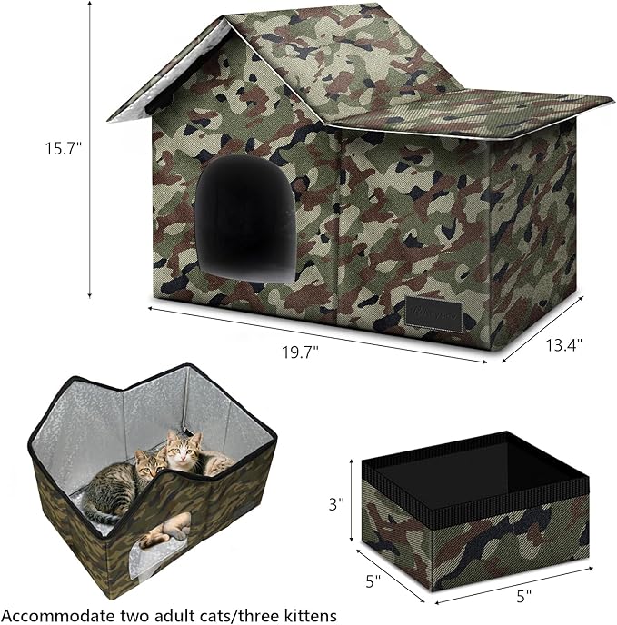 Cat Houses for Outdoor Cats-Large Weatherproof Cat Bed for Indoor Cats,Collapsible Warm Feral Cat Shelter with Removable Soft Mat and Bowl for Winter (Camo, Large)