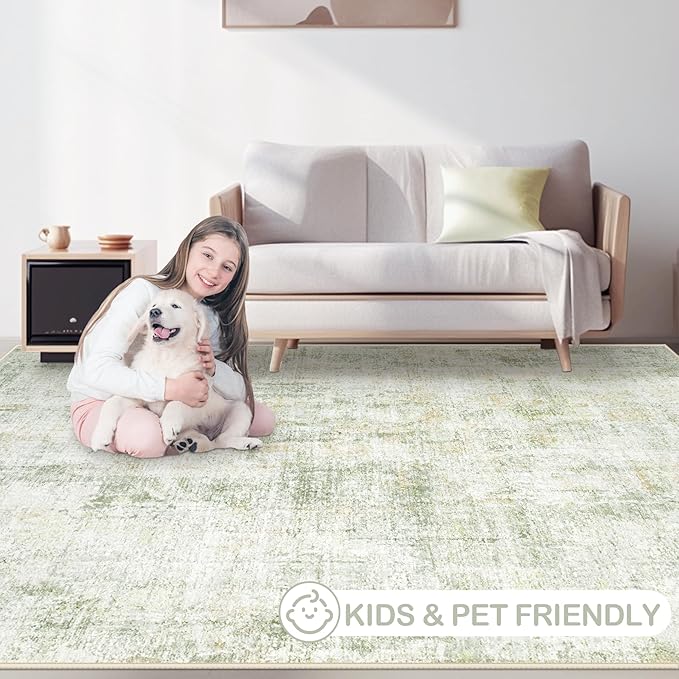Area Rugs 6x9 Living Room: Washable Rug Modern Abstract Large Rugs Soft Non Slip Neutral Rug Stain Resistant Indoor Carpet for Bedroom Kitchen Dining Room Nursery Home Office Rugs(Green Brown,6'x9')