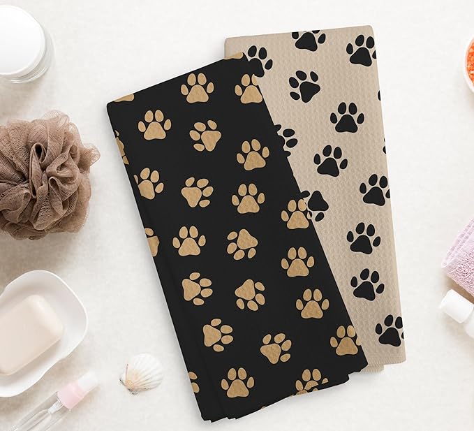 Black and Brown Dog Paws Kitchen Towels and Dishcloths Set of 2, Dog Paw Print Towels, Dog Dish Towels, Cute Dog Brown Hand Towels for Bathroom, Dog Paws Gifts for Dog Lovers Women,16×24Inch