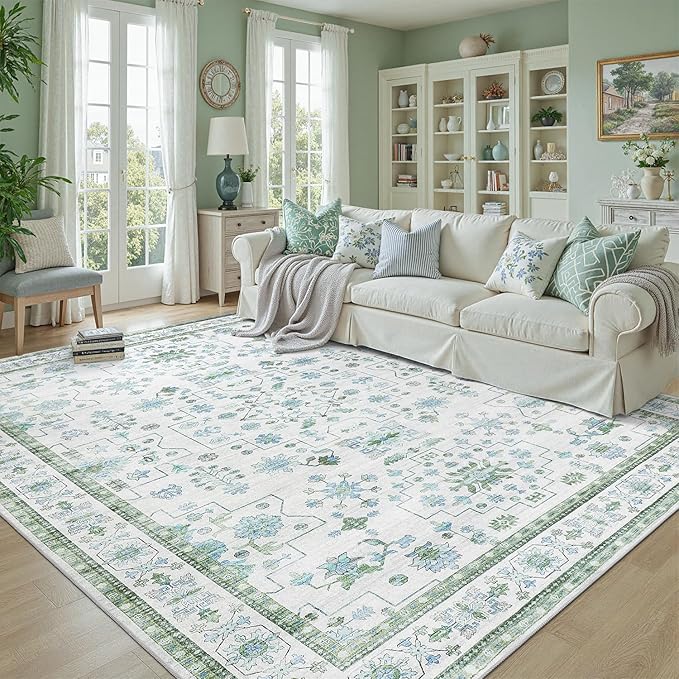 DCX Green 5x7 Rug, Kid & Pet Friendly with Rubber Back Non Slip, Machine Washable Stain Resistant Vintage Boho Floral Rug for Living Room, Bedroom, Soft Low Pile Large Nursery Carpet