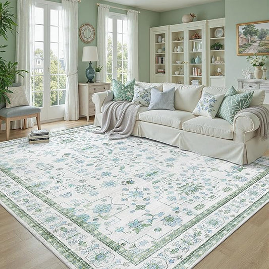 DCX Green 5x7 Rug, Kid & Pet Friendly with Rubber Back Non Slip, Machine Washable Stain Resistant Vintage Boho Floral Rug for Living Room, Bedroom, Soft Low Pile Large Nursery Carpet