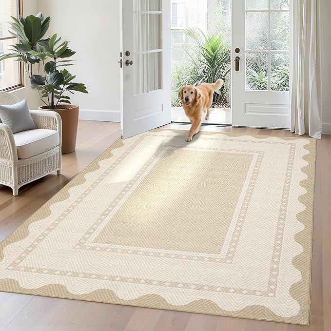 GarveeHome Modern Neutral Area Rug 5x7 Non Slip Washable Rugs for Living Room, Contemporary Bordered Rugs Stain-Resistant Soft Carpet, Low Pile Floor Mats for Dining Room, Bedroom, Beige