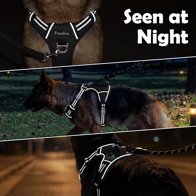Funfox Dog Harness No Pull, Adjustable Pet Vest Harness, Super Soft Material with Vertical Handle Easy Control, Reflective Night Walking, 2 Leash Clips for Medium Sized Dogs, Black, M