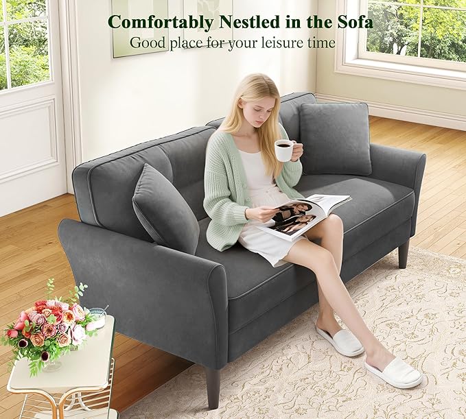 69" Loveseat Sofa, Velvet Small Couches for Small Spaces, Love Seat Couches with 2 Pillows, Tool-Free Setup Loveseats, 700lb Load Sofas for Living Room, Mini Couch for Bedroom, Comfy Sofa Couch, Grey