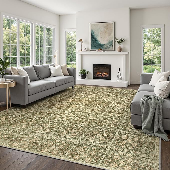 DCX 5x7 Neutral Rug, Kid & Pet Friendly with Rubber Back Non Slip, Machine Washable Stain Resistant Olive Green Floral Rug for Living Room, Bedroom, Soft Low Pile Large Nursery Carpet