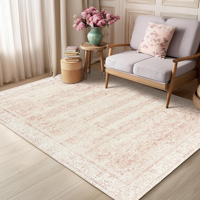 Light Pink Nursery Rug for Baby Girl Neutral Blush Pink Boho Floral Pattern Carpet 5 x 8 Washable Non Slip Low Pile Soft Surface Area Rugs for Living Room Bedroom Playroom,5x8
