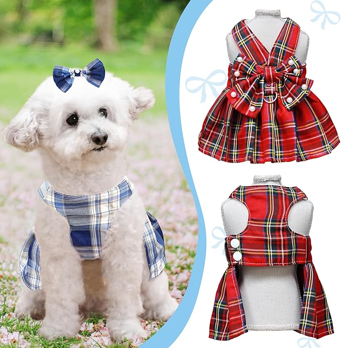 Dog Dress Bowknot Harness Leash Set for Small Dogs Girl Cute Plaid Dog Dress Pearls Bow Tie Spring Summer Princess Clothes Birthday Holiday Doggie Outfits for Puppy Cats Girl Apparel (Red, Large)