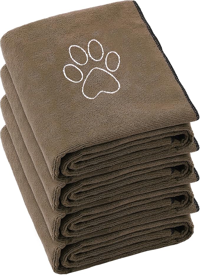 Chumia 4 Pack Dog Towels for Drying Large Microfiber Grooming Tools Absorbent Soft Bath Supplies with Embroidered Paw for Small Medium Pet Products(16 x 32 Inch,Brown)